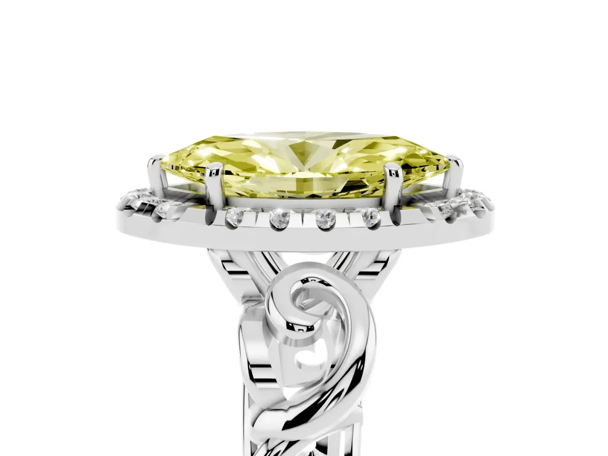 Fancy Yellow Marquise Cut Cut Halo Diamond Ring with Scrollwork Band and Four-Prong Setting Silver