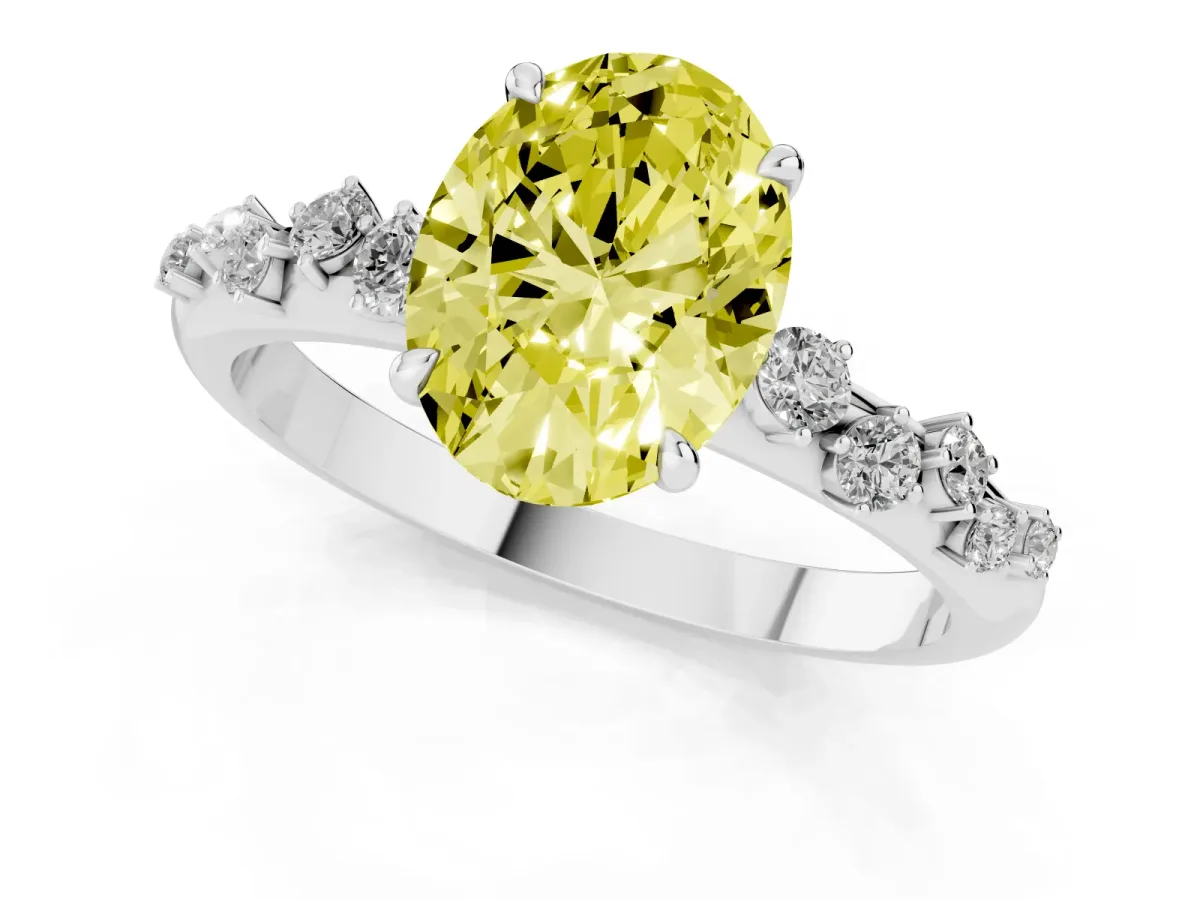 Fancy Yellow Oval Cut Diamond Cluster Prong-Set Solitaire Ring Platinum