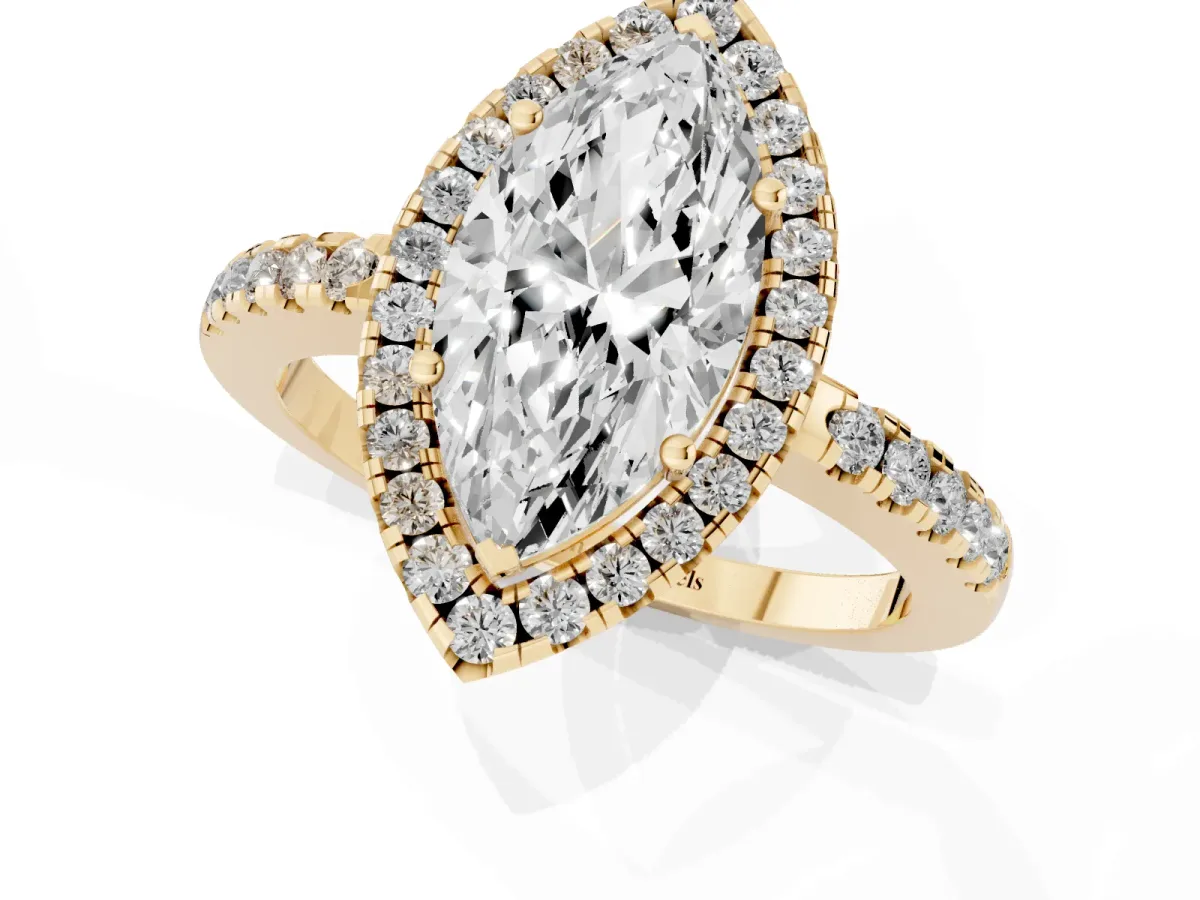 Marquise Cut Halo Diamond Engagement Ring with Pavé Band and Four-Prong Setting Yellow gold