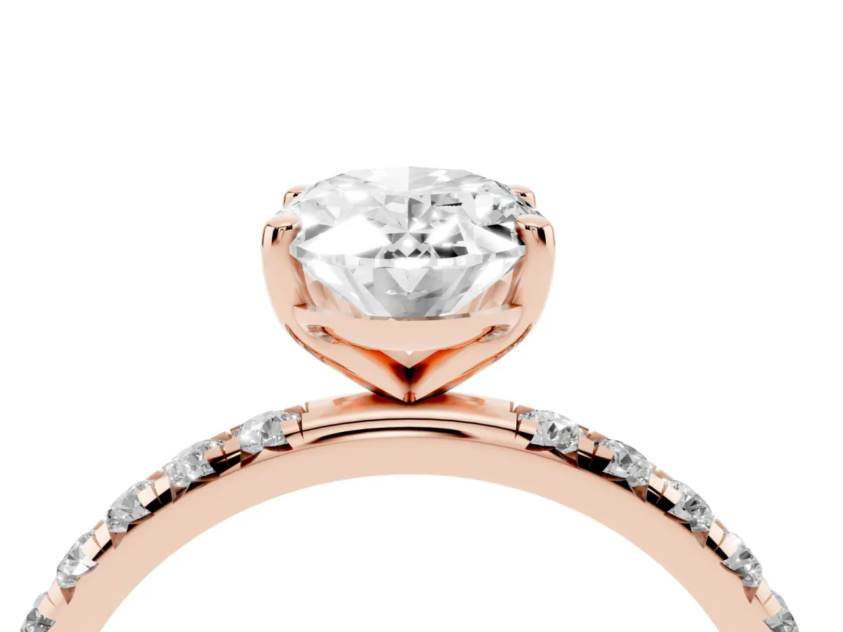 Oval Cut Cut Diamond Solitaire Ring with Micro Pave Band and Four Prong Setting Rose gold