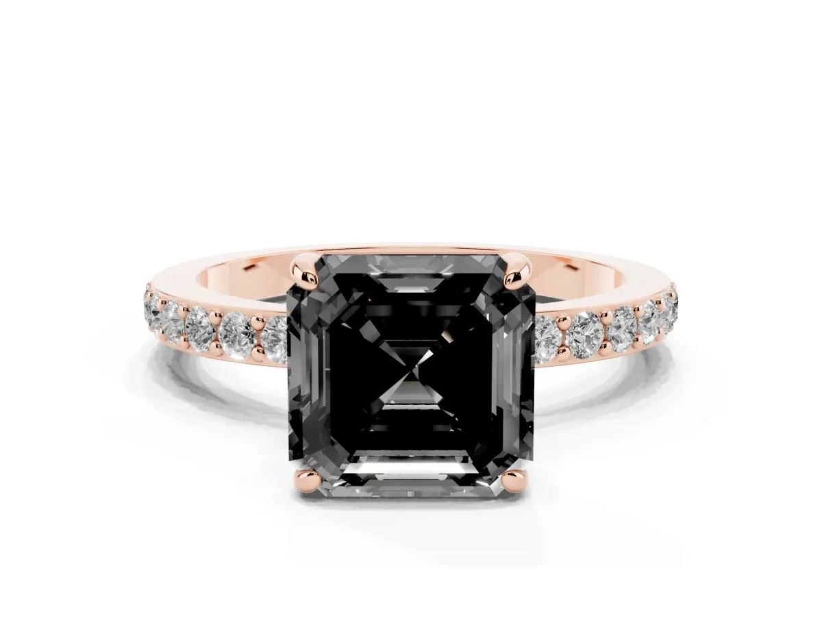 Fancy Black Asscher Cut Diamond Solitaire Engagement Ring with Pavé Band and Four-Prong Setting Rose gold