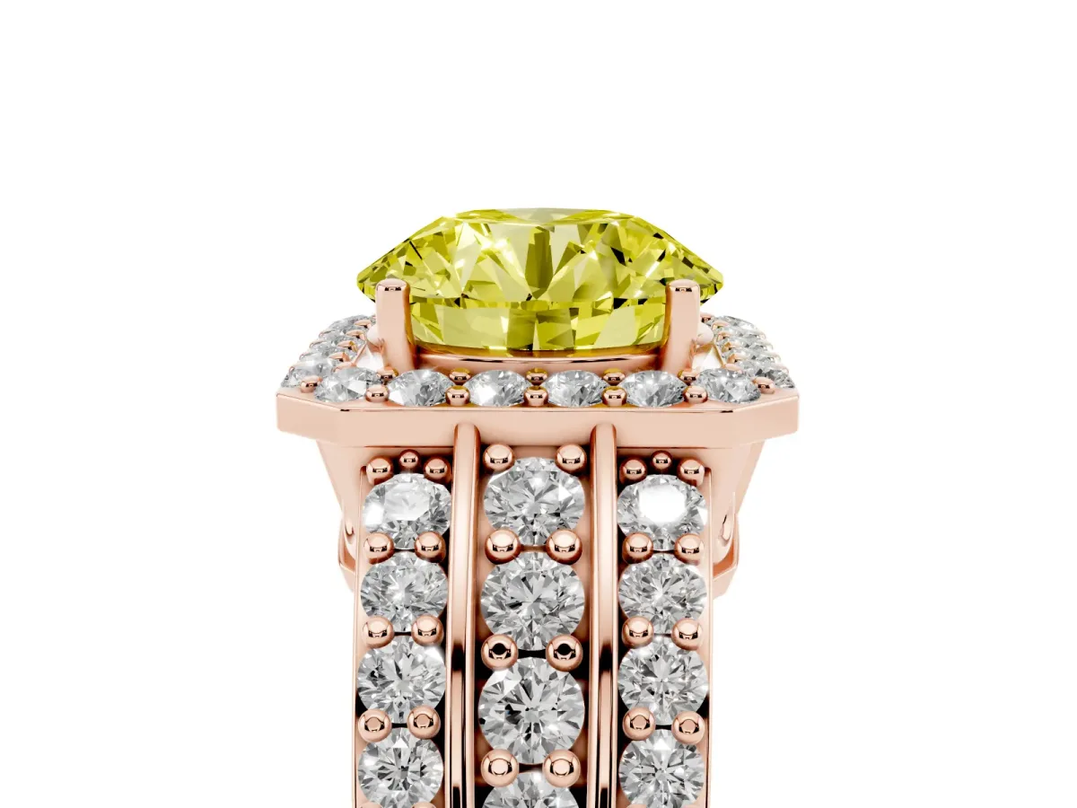 Fancy Yellow Round Cut Halo Diamond Ring with Round Split Shank and Prong Setting Rose gold