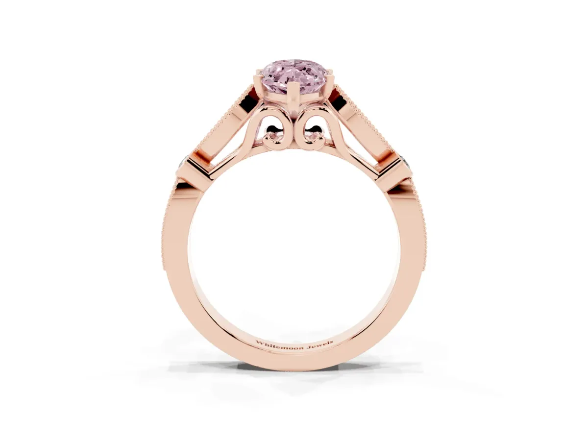 Fancy Pink Marquise Cut Cut Diamond with Milgrain Marquise and Bezel Accents on a Solitaire Band with Prong Setting Rose gold