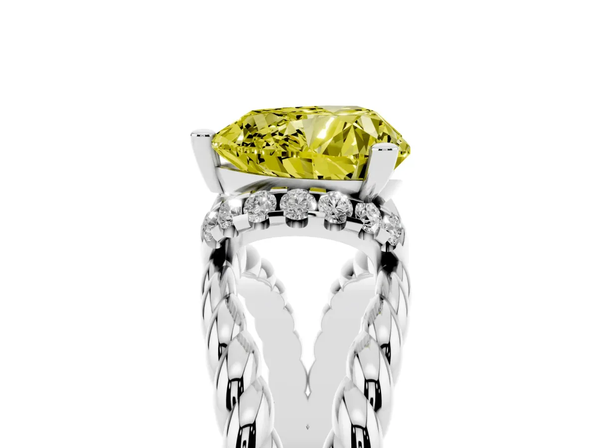 Fancy Yellow Heart Cut Halo Twisted Band Four-Prong Ring Platinum