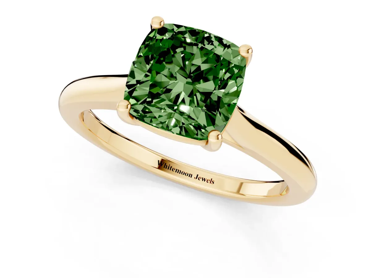 Fancy Green Cushion Cut Cut Solitaire Ring with Cathedral Band and Four-Prong Setting Yellow gold