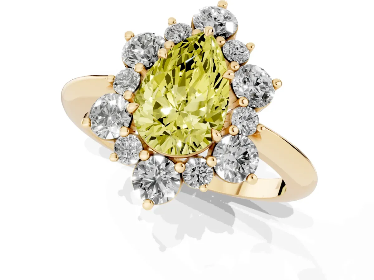 Fancy Yellow Pear Cut Diamond Cluster Halo Ring with Solitaire Band and Four-Prong Setting Yellow gold