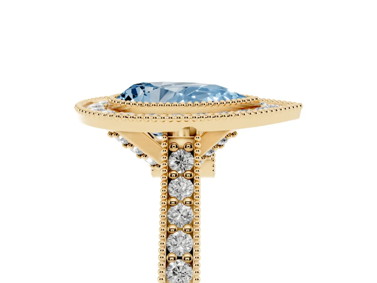 Fancy Blue Halo Pear Cut-Cut Diamond Pave Band Milgrain Prong Setting Ring Yellow gold