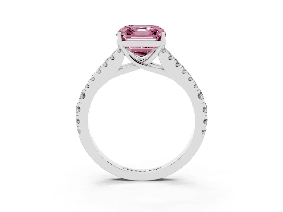 Fancy Pink Asscher Cut Diamond Split Shank Engagement Ring with Round Pavé and Prong Setting Silver