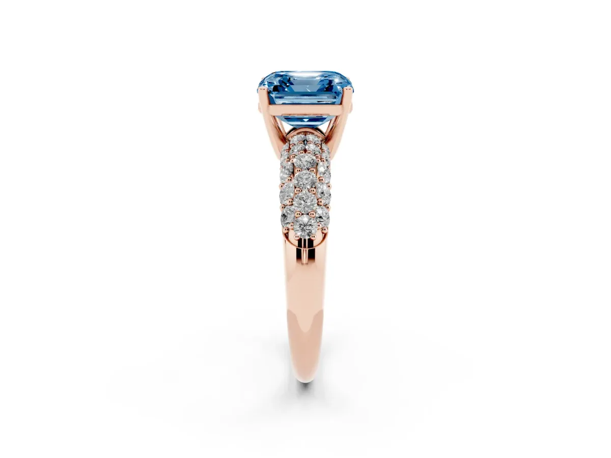 Fancy Blue Asscher Cut Diamond Pavé Band Solitaire Ring with Four-Prong Setting Rose gold