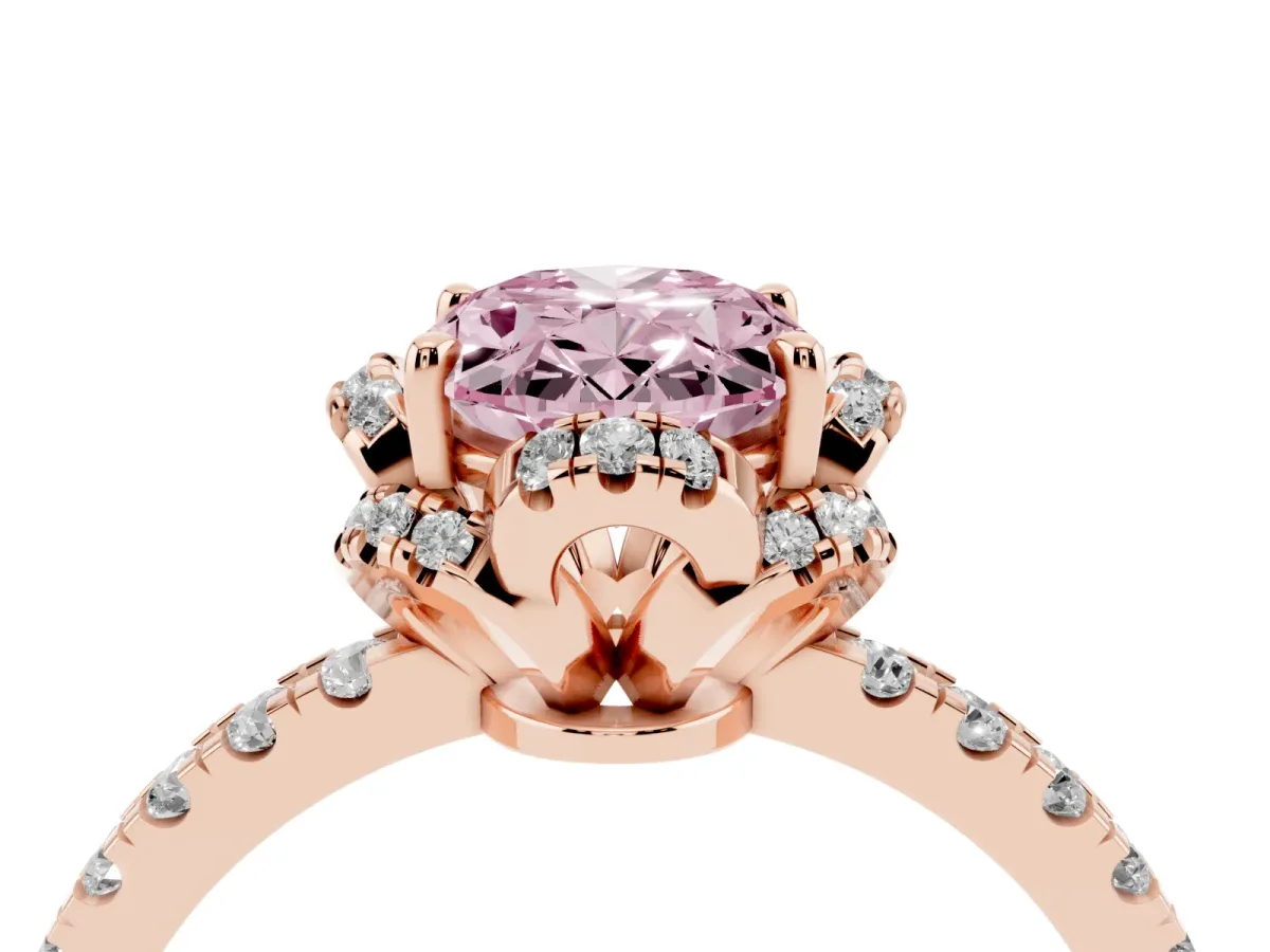 Fancy Pink Oval Cut Halo Diamond Pave Band Ring with Four-Prong Setting Rose gold