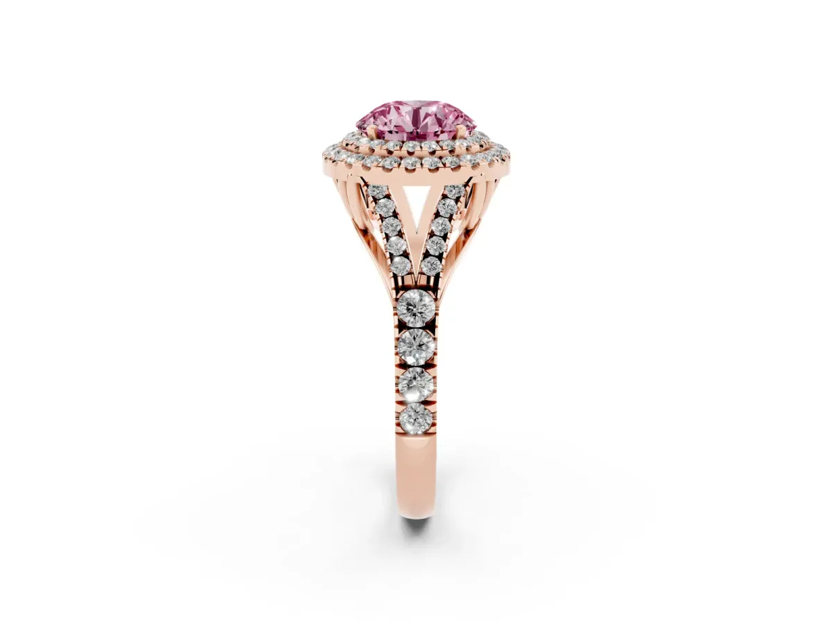Fancy Pink Round Cut Diamond Pavé Split Shank Double Halo Engagement Ring Rose gold
