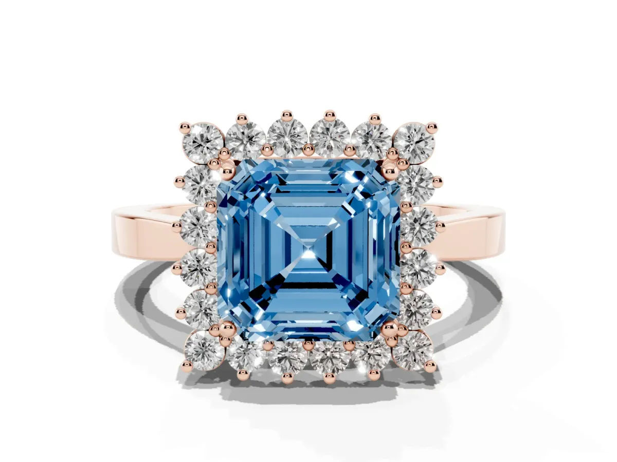 Fancy Blue Asscher Cut Cut Diamond Halo Ring with Round Brilliant Halo and Solitaire Band Rose gold