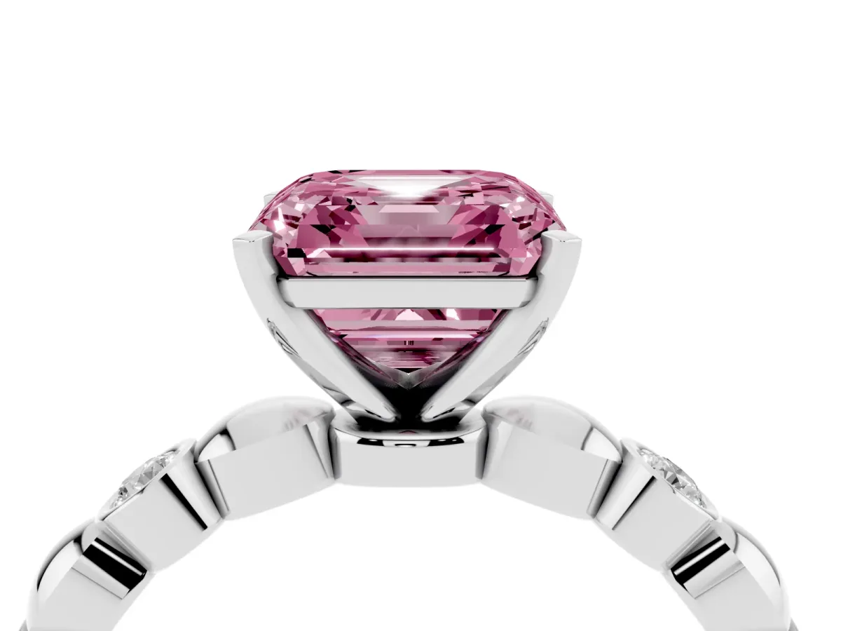 Fancy Pink Asscher Cut Solitaire Bezel-Set Diamond Ring with Beaded Band and Four-Prong Setting Silver