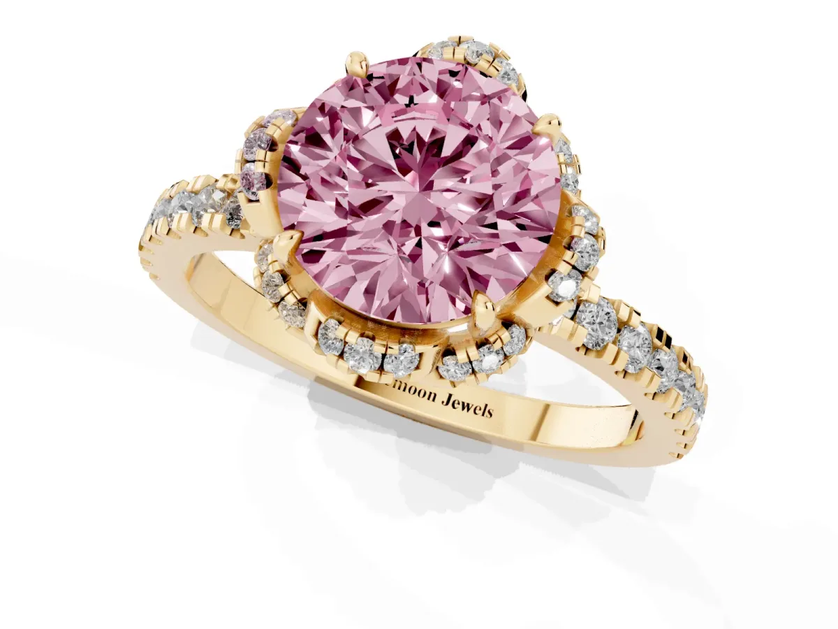 Fancy Pink Round Cut Halo Diamond Pave Band Ring with Four-Prong Setting Yellow gold