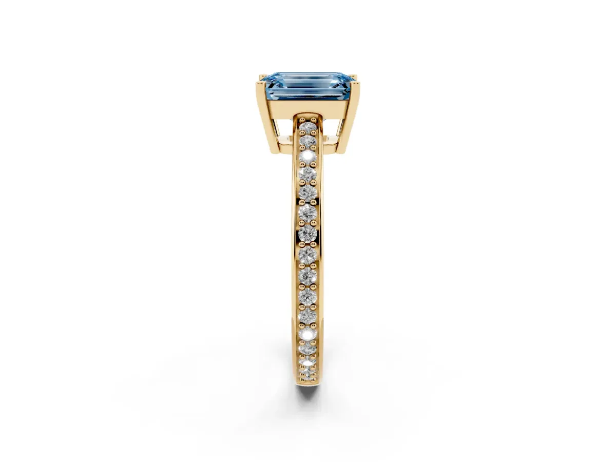 Fancy Blue Emerald Cut Solitaire Pavé Band Prong Setting Ring Yellow gold