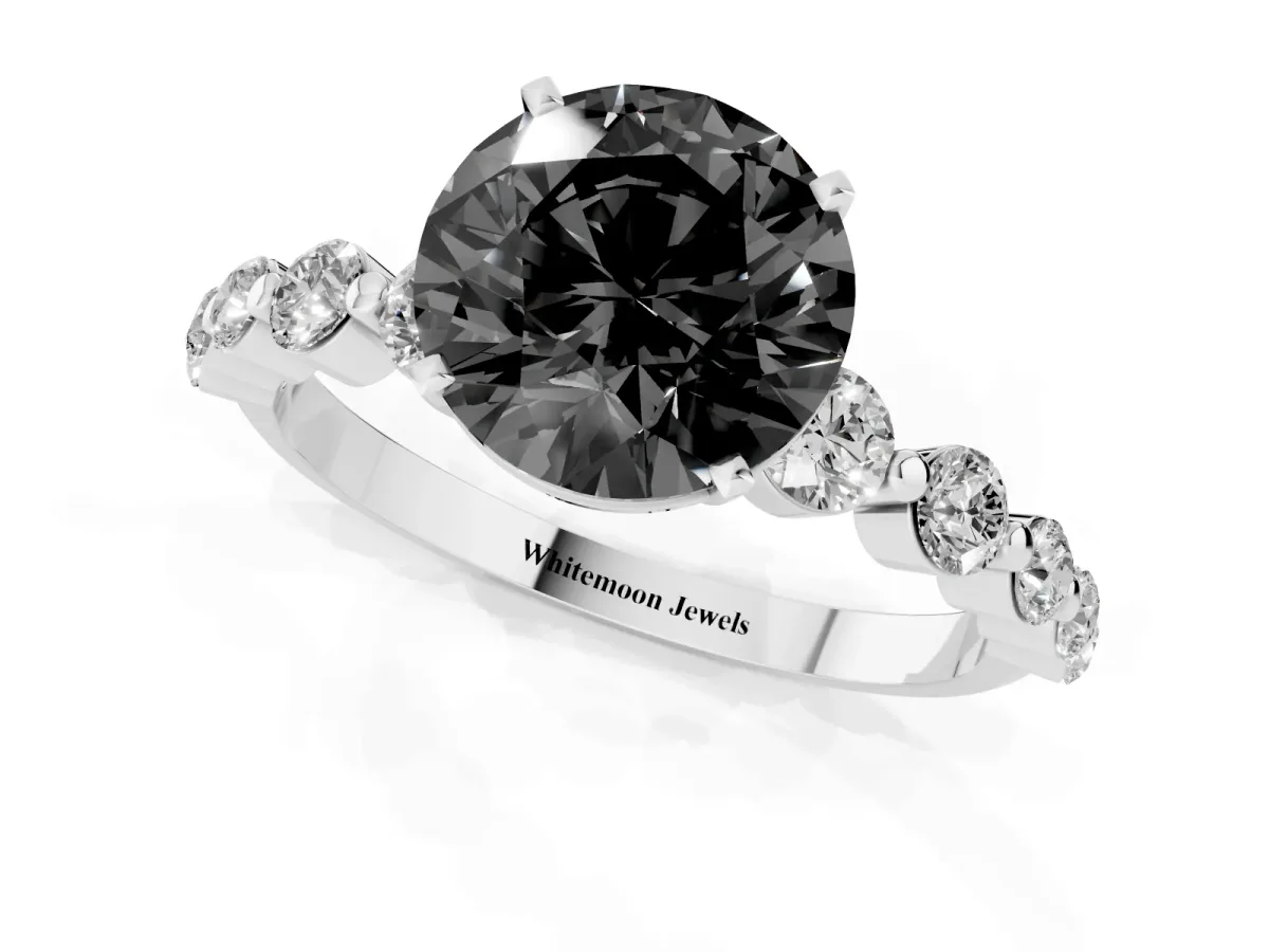 Fancy Black Round Cut Solitaire Diamond Ring with Pave Band and Four-Prong Setting Silver