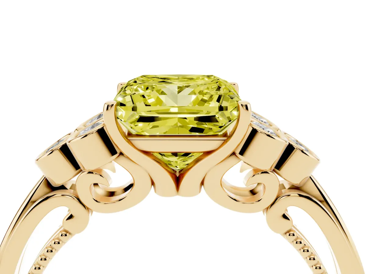 Fancy Yellow Princess Cut Cut Diamond Engagement Ring with Bezel Set Round Side Stones and Prong Setting Yellow gold