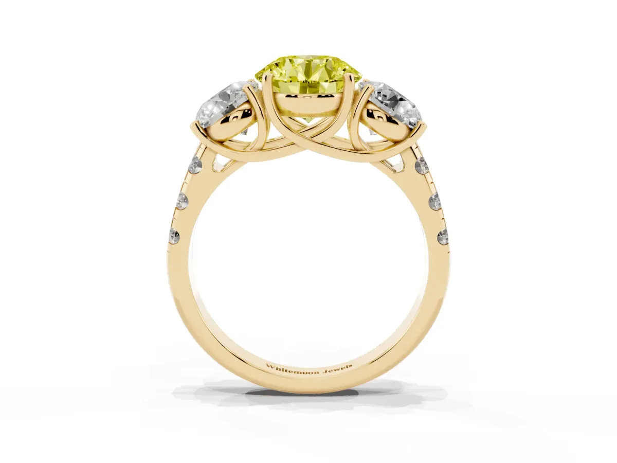 Fancy Yellow Three-Stone Round Cut Diamond Pavé Band with Prong Setting Yellow gold