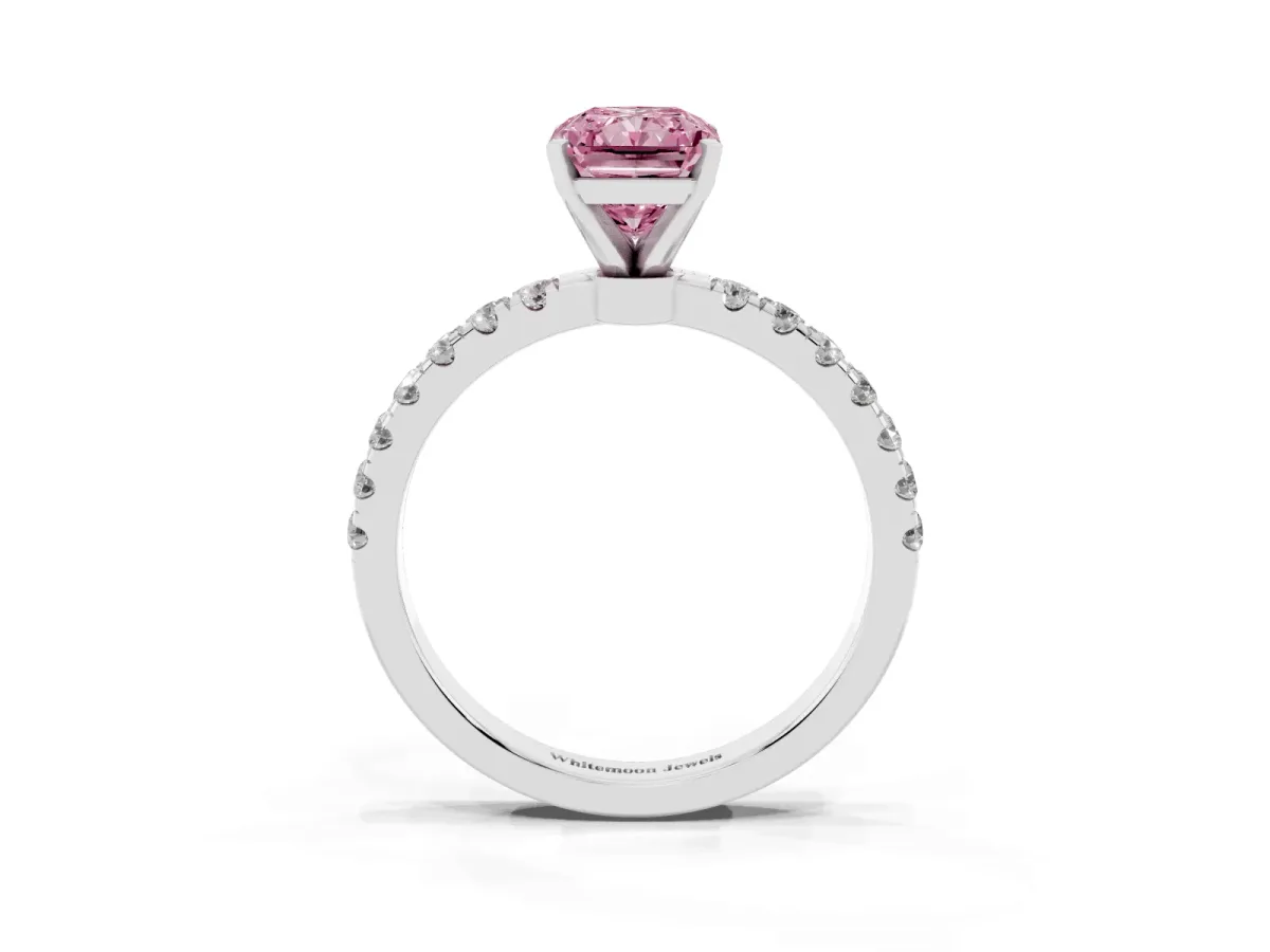 Fancy Pink Radiant Cut Diamond Solitaire Ring with Pavé Accents and Four-Prong Setting Platinum
