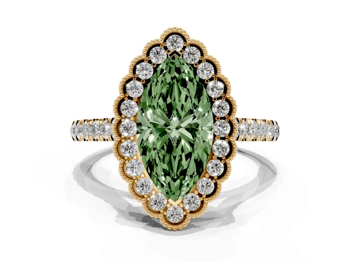 Fancy Green Marquise Cut Cut Diamond Milgrain Floral Halo Engagement Ring with Pavé Band Yellow gold
