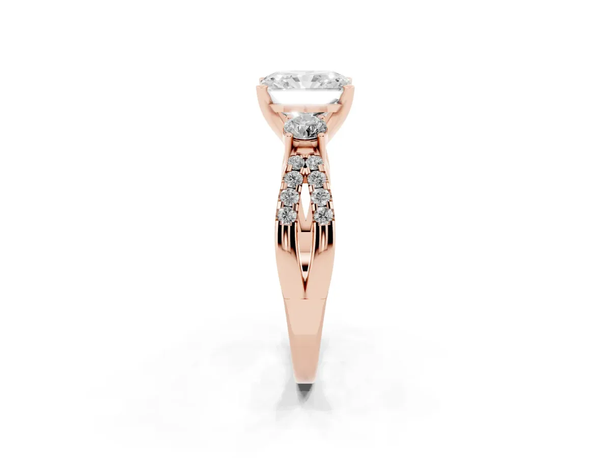 Radiant Cut Diamond Three-Stone Ring with Pavé Split Shank and Four-Prong Setting Rose gold