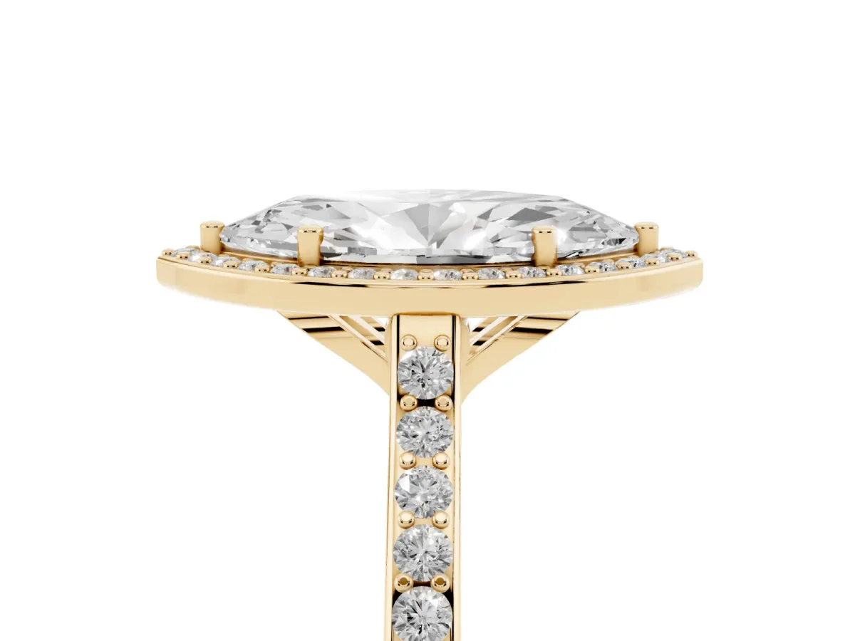 Marquise Cut Diamond Halo Engagement Ring with Round Pavé Shoulders and Prong Setting Yellow gold