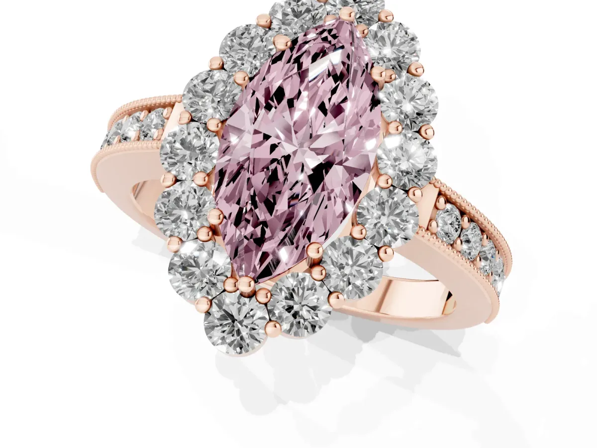Fancy Pink Marquise Cut Cut Halo Diamond Pavé Engagement Ring with Milgrain Detailing Rose gold