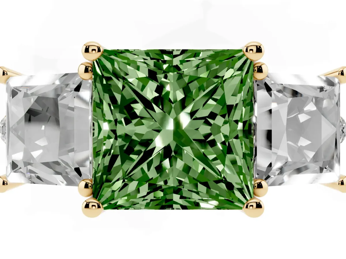 Fancy Green Three-Stone Princess Cut Diamond Ring with Round Pavé Band and Prong Setting Yellow gold