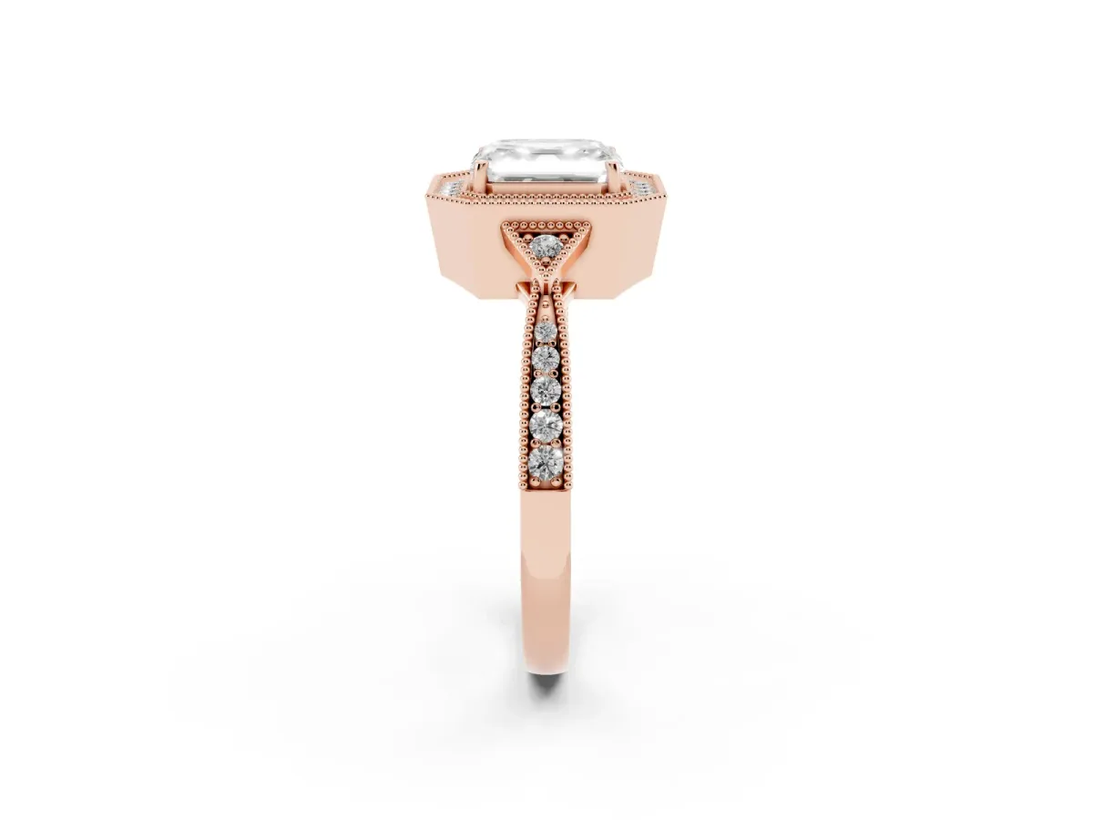 Asscher Cut Halo Round Diamond Milgrain Pave Engagement Ring Rose gold