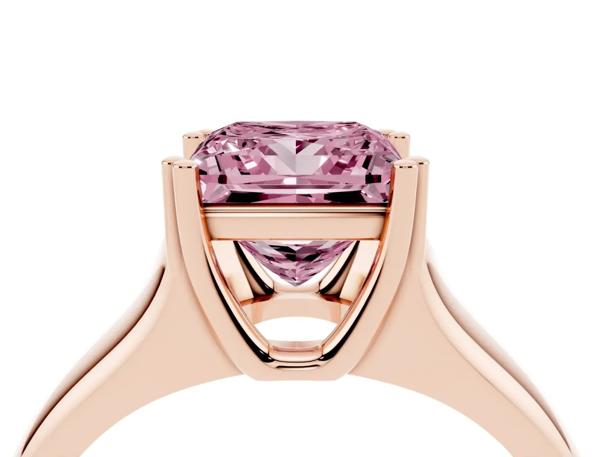 Fancy Pink Princess Cut Diamond Solitaire Ring with Wide Band and Prong Setting Rose gold