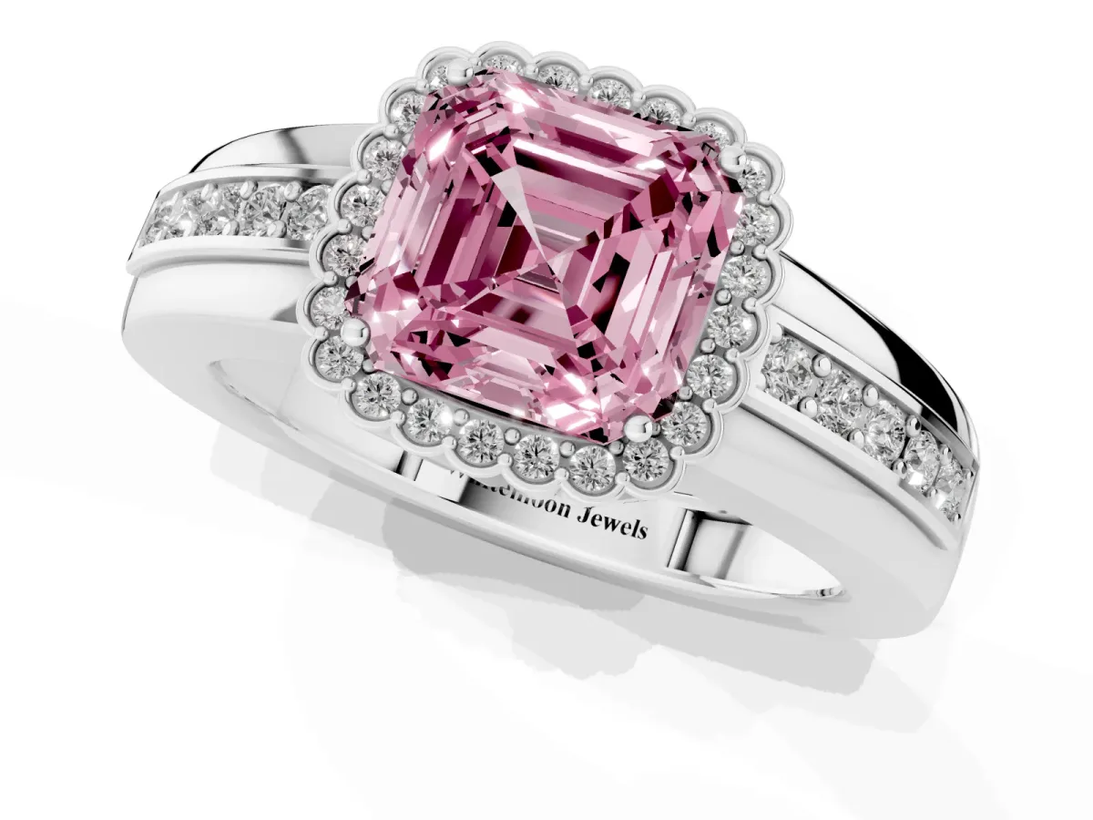 Fancy Pink Asscher Cut Cut Halo Pave Band Four-Prong Ring White gold