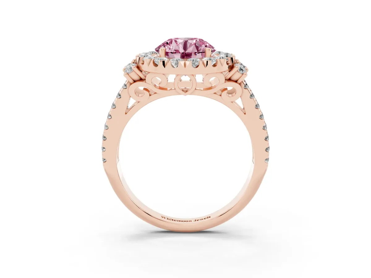 Fancy Pink Round Cut Cut Double Halo Diamond Engagement Ring with Pave Band and Four-Prong Setting Rose gold
