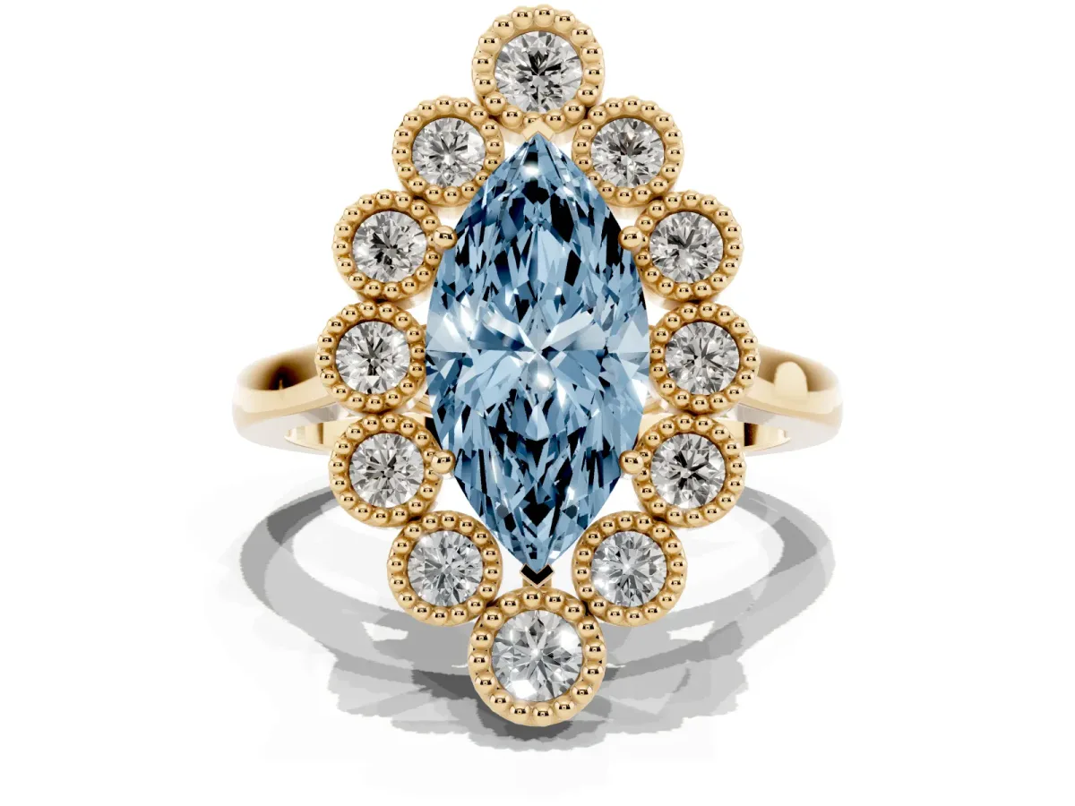 Fancy Blue Marquise Cut Halo Diamond Cluster Engagement Ring with Milgrain Bezel Setting and Solitaire Band Yellow gold