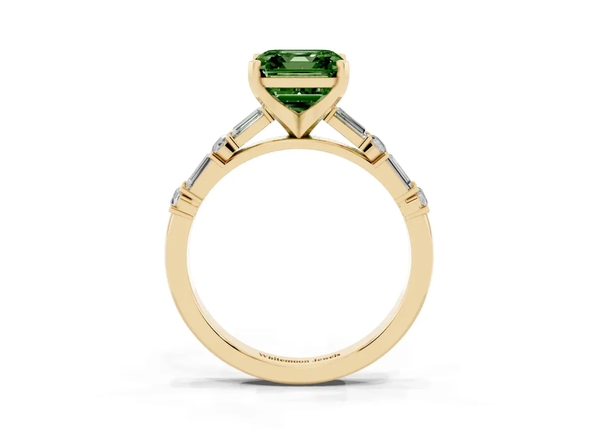 Fancy Green Asscher Cut Diamond Solitaire with Side Baguettes and Channel Set Band Yellow gold