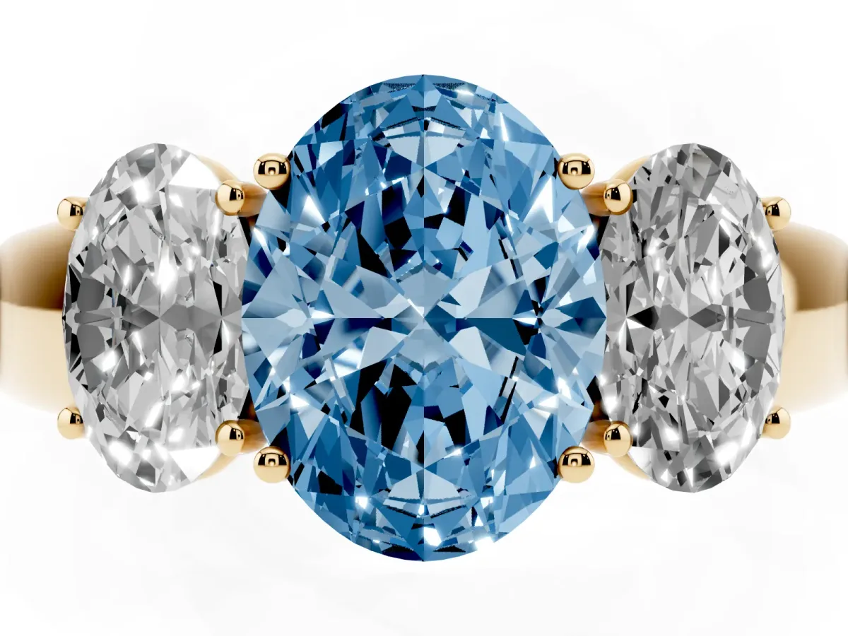 Fancy Blue Three-Stone Oval Cut Cut Diamond Ring with Prong Setting and Classic Band Yellow gold