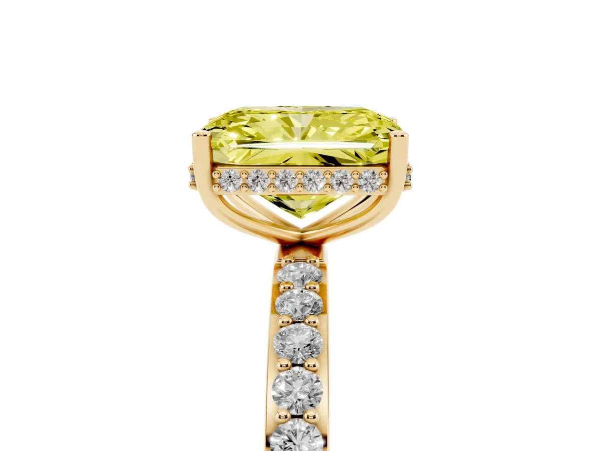 Fancy Yellow Radiant Cut Diamond Solitaire Ring with Pavé Band and Hidden Halo Yellow gold