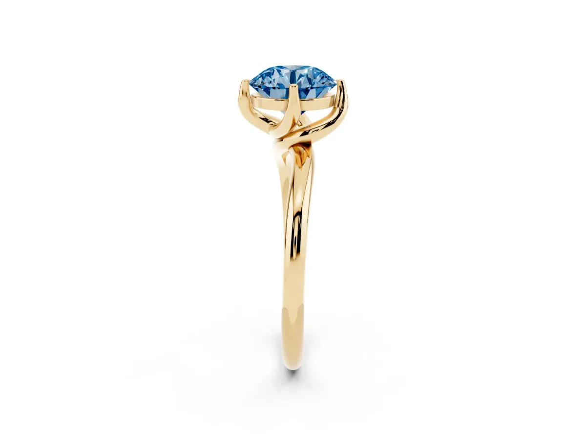 Fancy Blue Round Cut Diamond Solitaire Engagement Ring with Four-Prong Setting and Classic Band Yellow gold