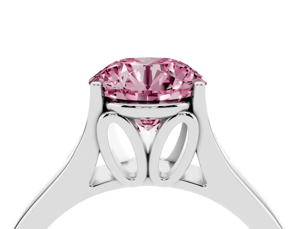 Fancy Pink Round Cut Solitaire Diamond Ring with Cathedral Band and Four-Prong Setting Silver