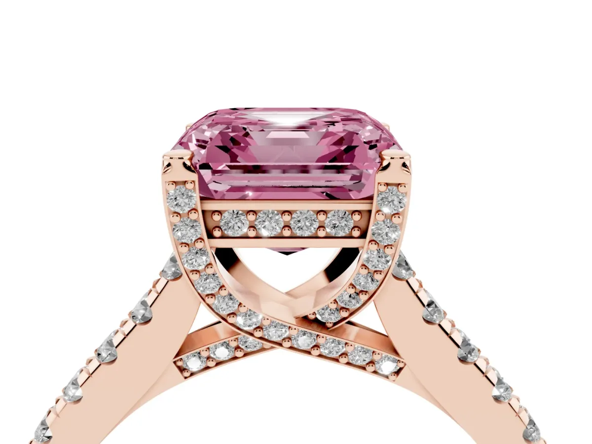 Fancy Pink Asscher Cut Brilliant Diamond Solitaire with Pavé Band and Four-Prong Setting Rose gold