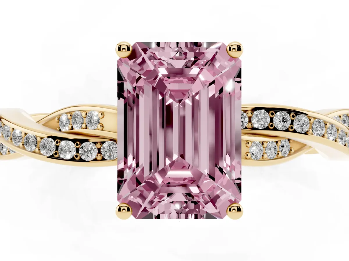 Fancy Pink Emerald Cut Solitaire Twisted Pave Diamond Ring with Four-Prong Setting Yellow gold