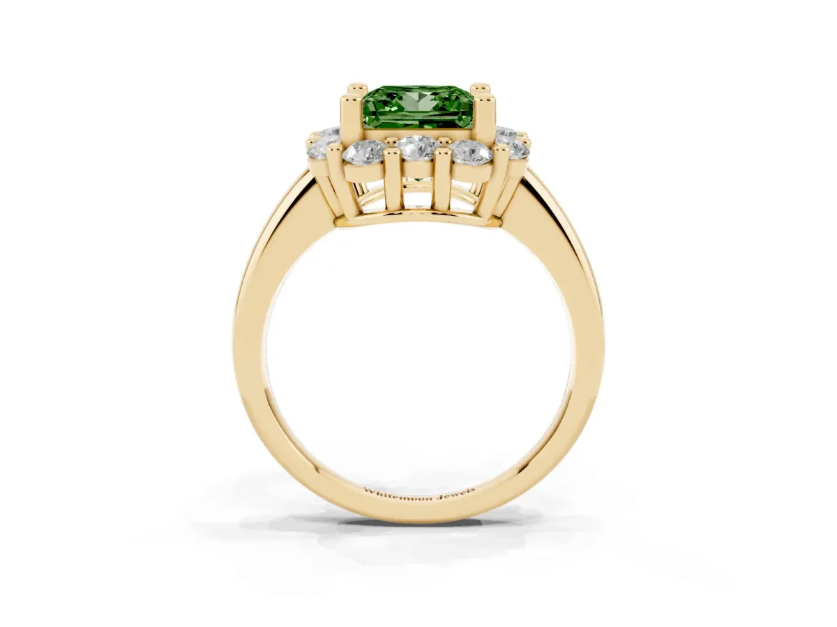 Fancy Green Princess Cut Halo Cluster Diamond Engagement Ring with Prong Setting and Polished Band Yellow gold