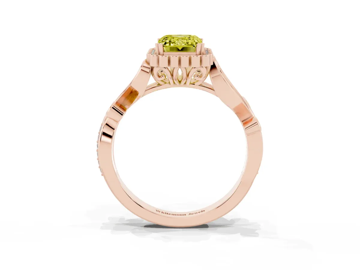 Fancy Yellow Emerald Cut Diamond Halo Ring with Vintage Split Shank and Four-Prong Setting Rose gold