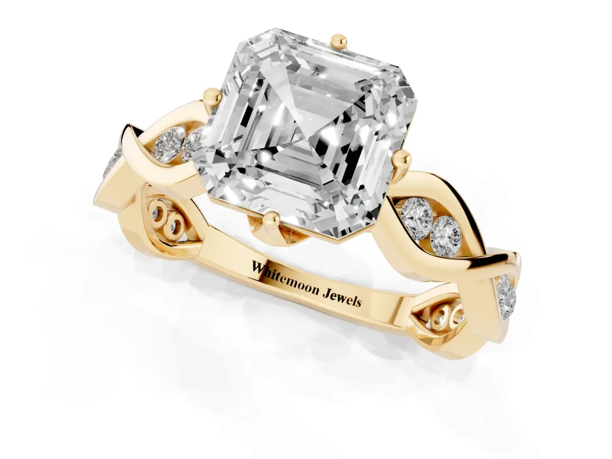 Asscher Cut Solitaire Twist Band with Leaf Prong Setting Yellow gold