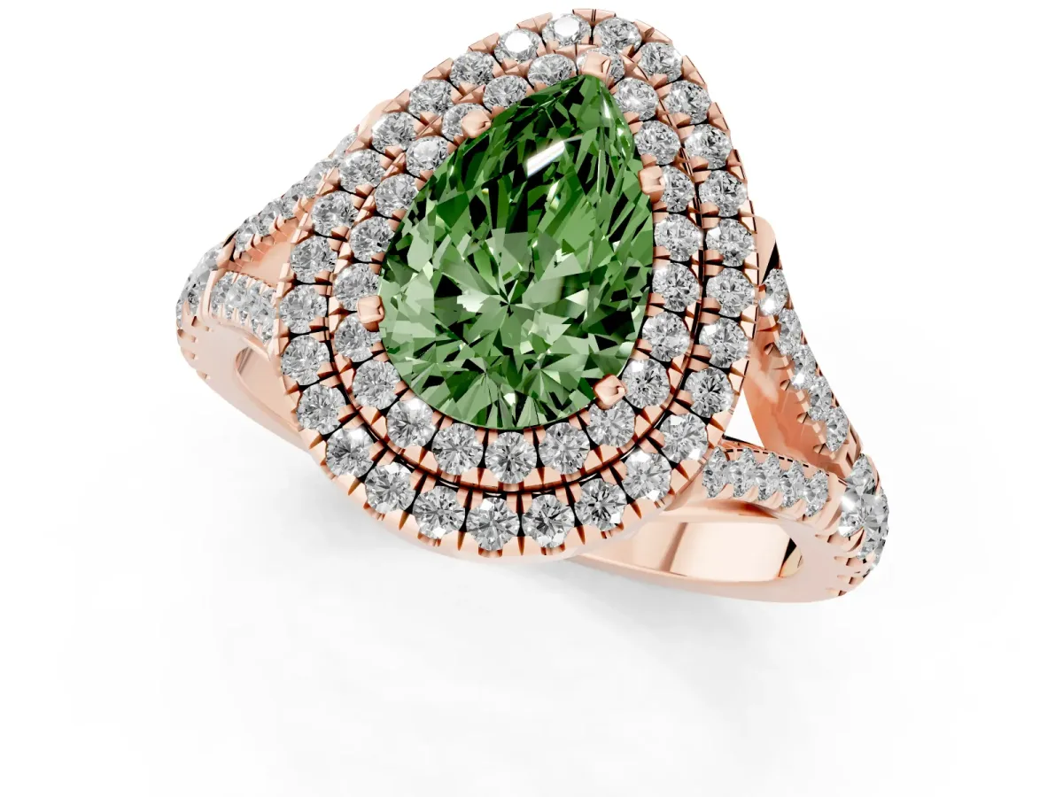 Fancy Green Pear Cut Diamond Pavé Split Shank Double Halo Engagement Ring Rose gold