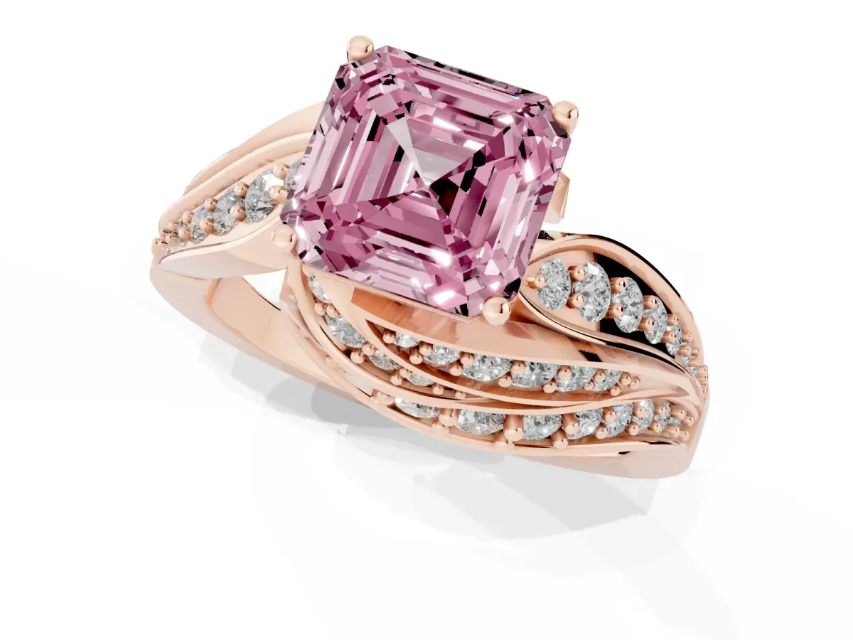 Fancy Pink Asscher Cut Diamond Solitaire Ring with Prong Setting and Twisted Pavé Band Rose gold
