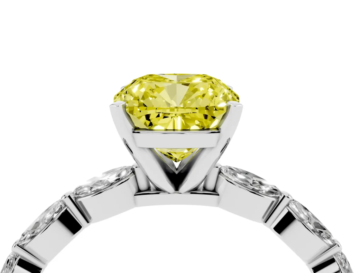 Fancy Yellow Cushion Cut Diamond Ring with Marquise Side Stones and Prong Setting Platinum