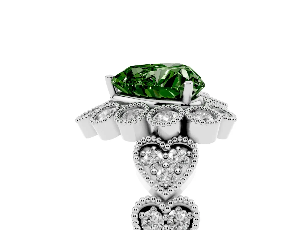 Fancy Green Heart Cut Brilliant Milgrain Pave Heart Band Solitaire Ring Platinum