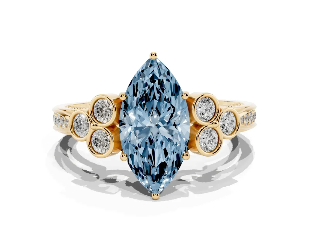 Fancy Blue Marquise Cut Cut Diamond Engagement Ring with Bezel Set Round Side Stones and Prong Setting Yellow gold