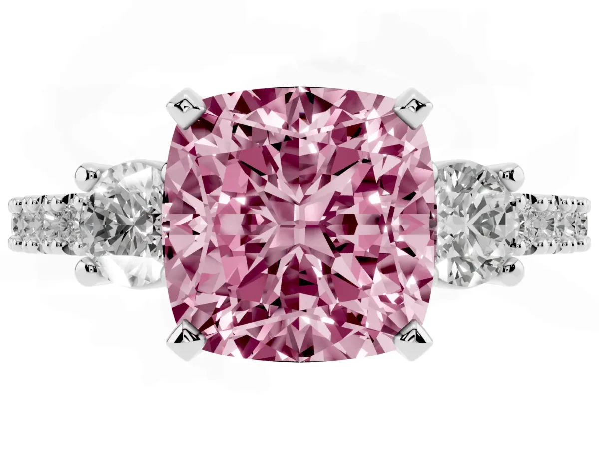 Fancy Pink Cushion Cut Three-Stone Diamond Pavé Band with Prong Setting White gold