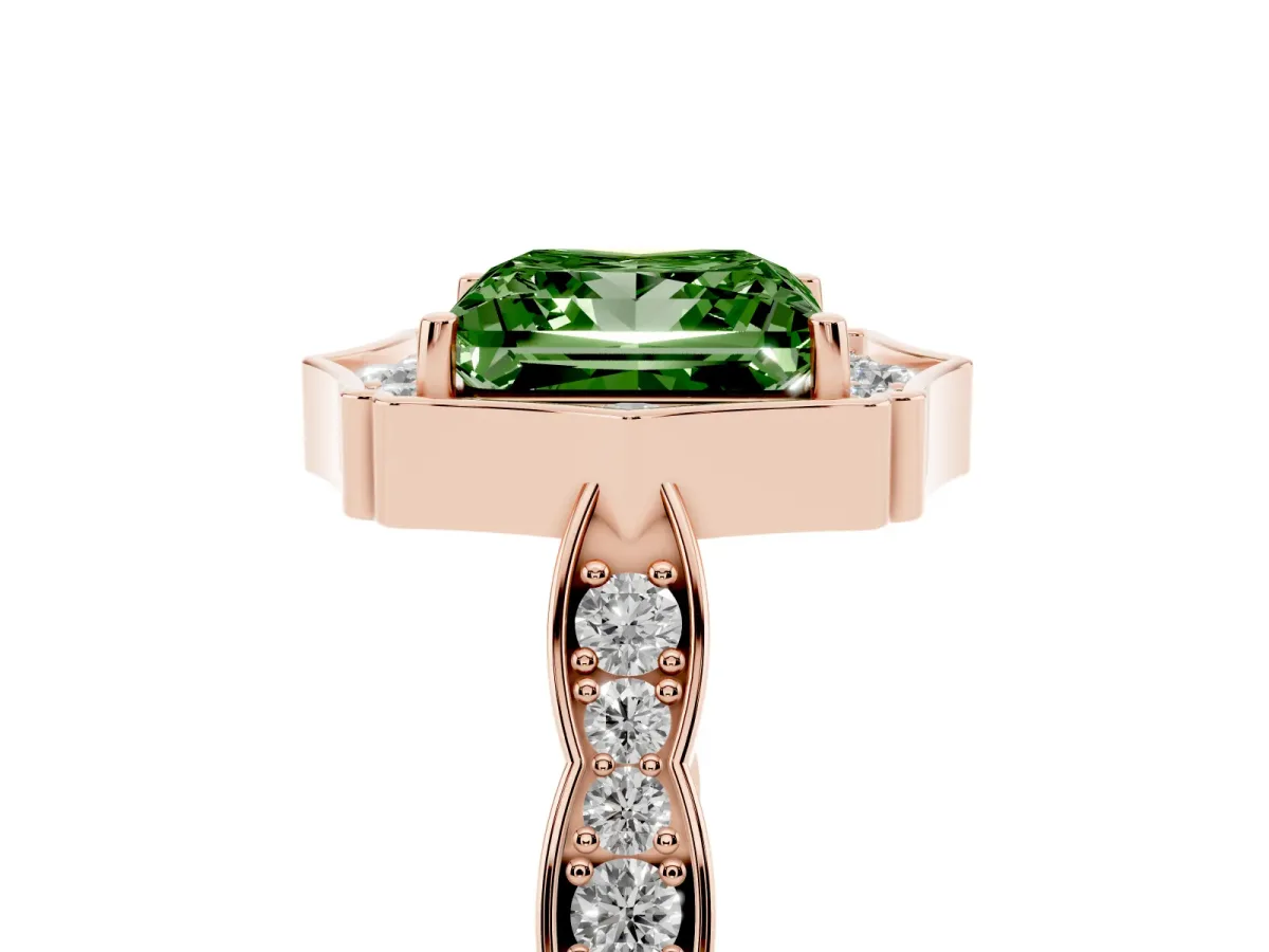 Fancy Green Princess Cut Halo Diamond Engagement Ring with Milgrain Band and Four-Prong Setting Rose gold
